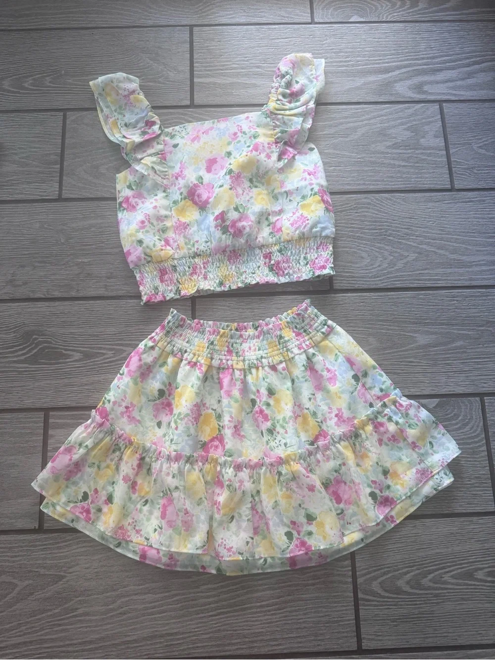 Janie and Jack Pastel White Peony Floral Ruffle Skirt Set - Pink & Yellow